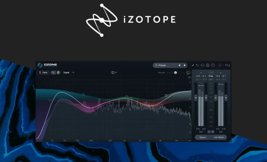 iZotope Ozone 12 mastering interface showing dynamic EQ curves, spectrum analysis and processing modules
