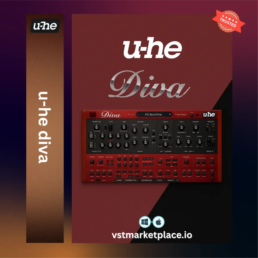 u-he Diva synthesizer authentic analog oscillators, vintage filters, and modular signal routing for realistic analog sound