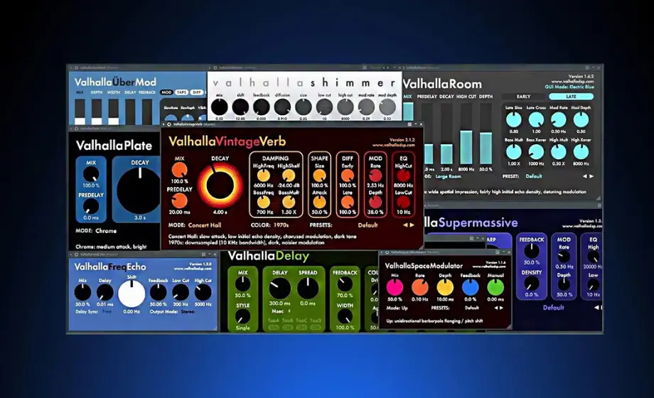 Valhalla DSP bundle showing VintageVerb, Room, Plate, Delay, Shimmer, UberMod, Supermassive and SpaceModulator plugin interfaces